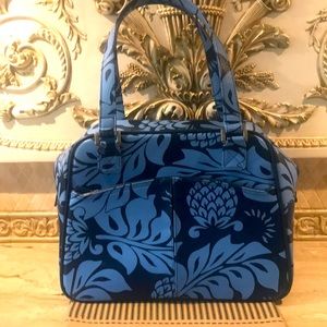 Trousse De Toilette Vintage ROXY Années 90 - Motif Floral Bleu, Vinyle, Avec Miroir